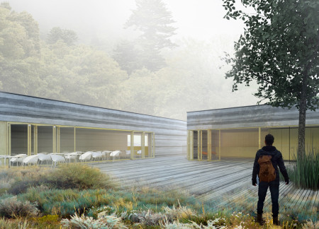 Charred Wooden Shingles and Biophilic Design Integrate with Natural Landscape for Community Wellness Hub