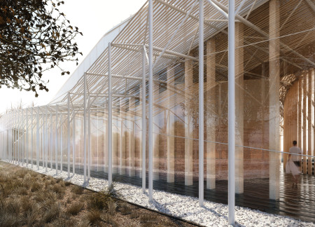 A Woodland Wellness Retreat with Rammed Earth and Undulating Roofs