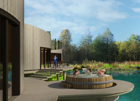 Elevated Structure Featuring Charred Wooden Shingles and Straw Insulation for Integrated Community Spaces