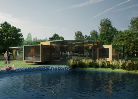 Curved Architecture in Blue Clay and Walnut Wood Enhancing Wellness Retreat Experience