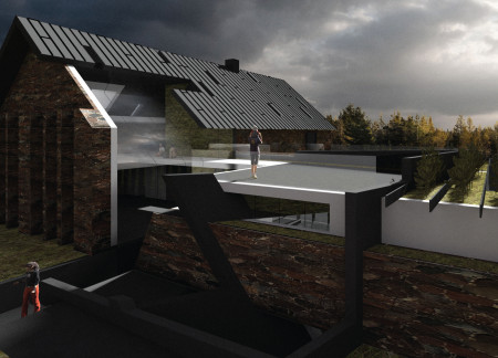 Local Stone Facade and Water Wall Enhance Reflection Space in Latvia