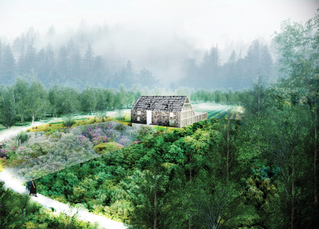 Fibonacci Spiral Pathway Created with White Bricks and Reclaimed Wood in a Tranquil Meditation Retreat