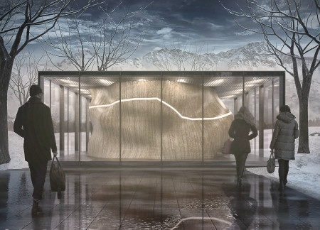 Curvilinear Glass Structure Featuring Textured Wood and Sustainable Materials Integrates with Nature