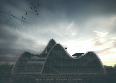 Curvilinear Concrete Structure Integrating Glass and Natural Elements for a Meditation Retreat