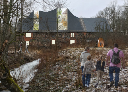 Natural Wall Featuring Cross-Laminated Timber Panels and Charred Wooden Shingles in Multi-Functional Community Space