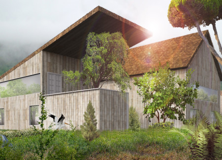 Charred Wooden Shingles and Living Walls Define the Community-Focused Space