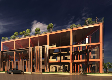 Sound Wave Inspired Fa&ccedil;ade with Interactive Green Roof and Charred Timber Elements in a Creative Workspace