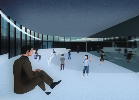 Spiral Ramp and Glass Facade Enhance Community Hub with Acoustic Texture and Sustainable Materials