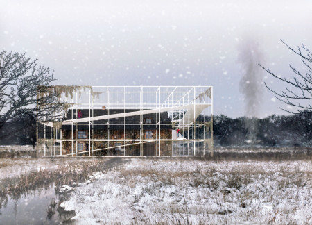 Steel Grid Pathways Enhancing Meditation in a Green Retreat