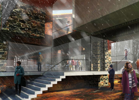 Camera Obscura Experience Created with Natural Stone and Charred Timber Elements for Mindfulness Retreat