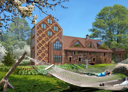 Natural Stone Facade with Multi-Peak Roof Enhances Meditation Experience Amidst Sustainable Timber Structures