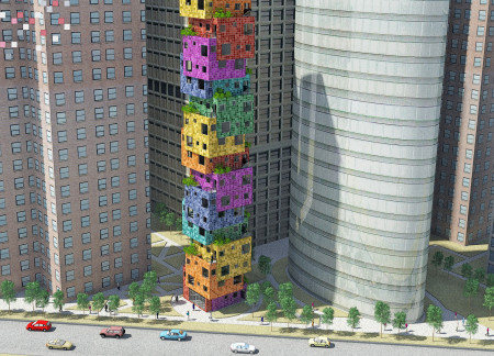 Dynamic Facade of Staggered Units in Colorful Concrete Housing