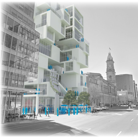 Porous Matrix of Staggered Levels with Vertical Gardens and Sustainable Materials Amidst a Vibrant Community Hub