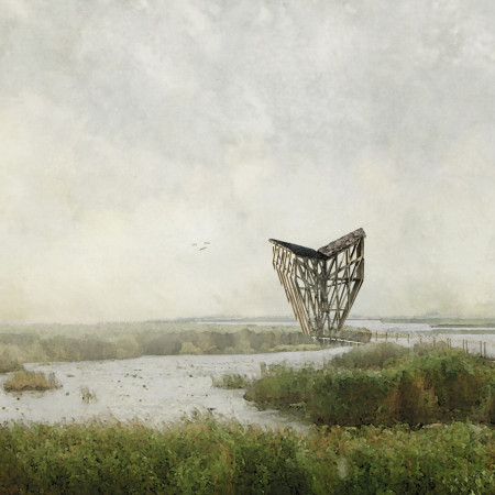 Bifurcating Profile Elevated Above Lake with Solid Oak and Concrete Integration