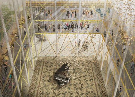 Vertical Gardens Framed in Metal Mesh Create a Dynamic Community Hub