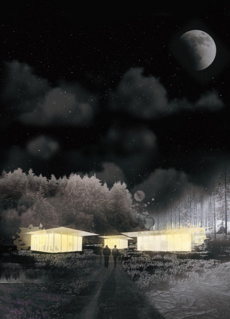 Charred Wooden Shingles and Reflective Canopies Enhance Seasonal Retreats in Natural Timber Cabins