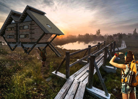 Charred Wooden Shingles and Elevated Solitude Pods in Eco-Friendly Cabins