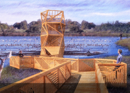 Pentagonal Observation Structure Crafted from Siberian Larch Overlooking a Natural Habitat