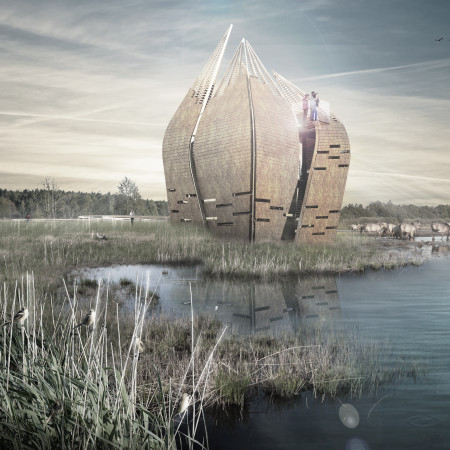 Petal-Inspired Observation Tower Crafted from Glulam and Straw Bales Integrating into Wetland Ecosystem