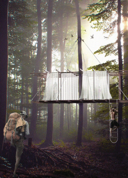 Suspended Shelter Crafted from Nylon and Steel for Forest Retreats