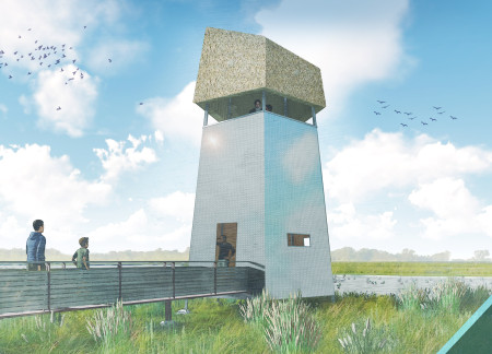 Reflective Stainless Steel and Thatched Roof Constructed Observation Tower in Wetland Ecosystem