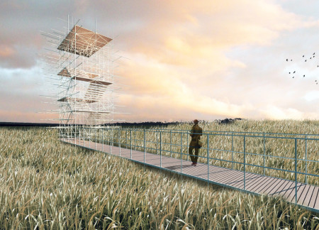 Hollow Structural Tubes and Wooden Platforms Elevate Birdwatching Experience in Natural Surroundings