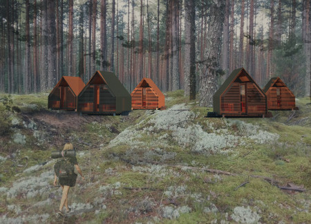 Translucent Panels and Charred Shingles Define Sustainable Cabins in a Coastal Forest Setting