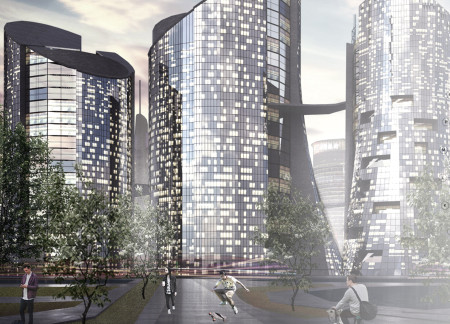 Natural Wood Brown and Sustainable Glass Facades Intertwine in Urban Skyscraper Design