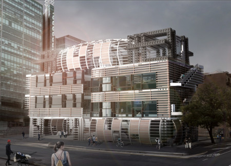 Dynamic Spaces Created with Crane-Aided Reconfiguration and Natural Wood Elements