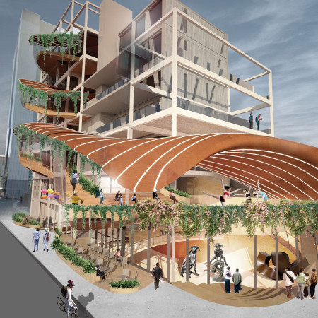 Canopy Structure Crafted from Charred Wood and Concrete for Community Engagement