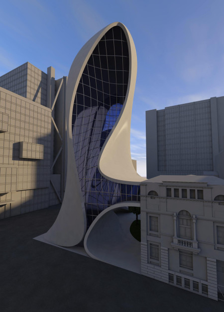 Fluid Form Crafted from Glass and Concrete Supporting Urban Community Interaction