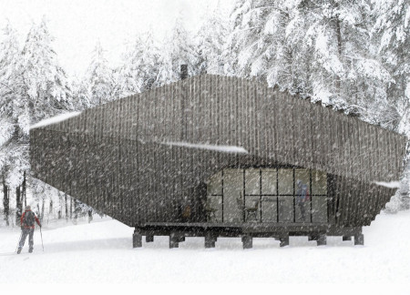 Geometric Timber Shelter Featuring Solar Integration and Rainwater Collection