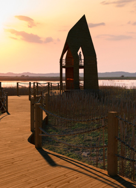 Timber-Focused Structure with Zigzag Walkway and Sustainable Pine Finish in Coastal Habitat