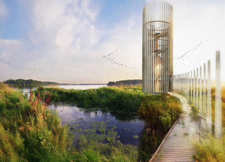 Biomimetic Tower of Steel Blades and Local Timber in Wetland Observation