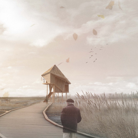 Charred Wooden Shingles and Timber Framework Elevate Elevated Birdwatching Observation Structure