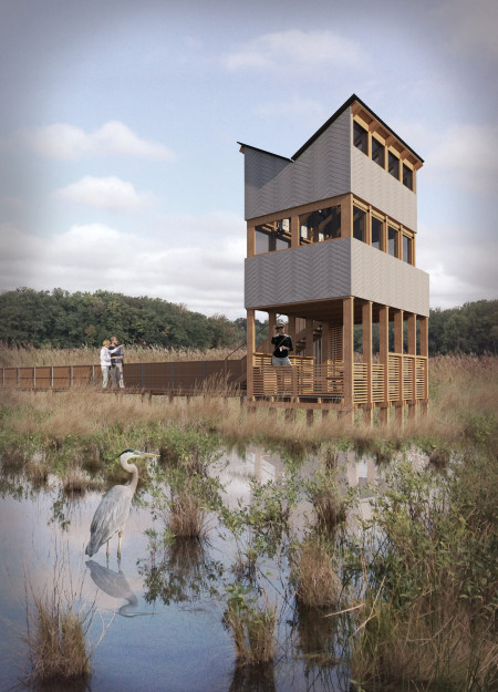 Elevated Observation Platform Crafted from Sustainable Timber with Transparent Facades for Wildlife Engagement