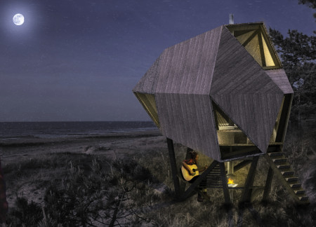 Diamond-Shaped Shelter Crafted from Local Pine and OSB for Sustainable Trekking Experiences