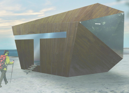 Triangular Cabin Featuring Charred Wooden Shingles and Expansive Glass Facades at Vecaki Beach