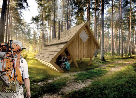 Elevated Structure of Charred Wooden Shingles with Cross-Laminated Panels in a Forest Setting