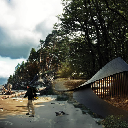 Curvilinear Structure Emphasizing Charred Wood and Transparent Facades for Engaging Outdoor Experience