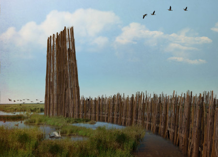 Spiral Observation Tower Constructed from Treated Pine and Concrete in an Ecological Wetland Environment