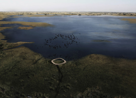 Circular Structure Built with Sustainable Wood Decking Overlooking Local Wetlands