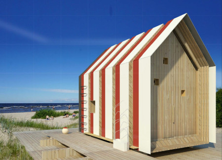 Charred Wooden Shingles and Red-White Cladding Define a Coastal Retreat