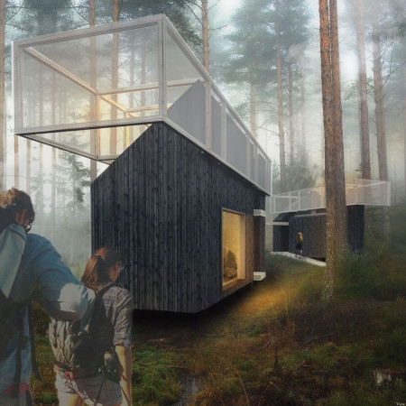 Sustainable Retreat Featuring Zinc Roof and Plywood Structure Intertwined with Nature