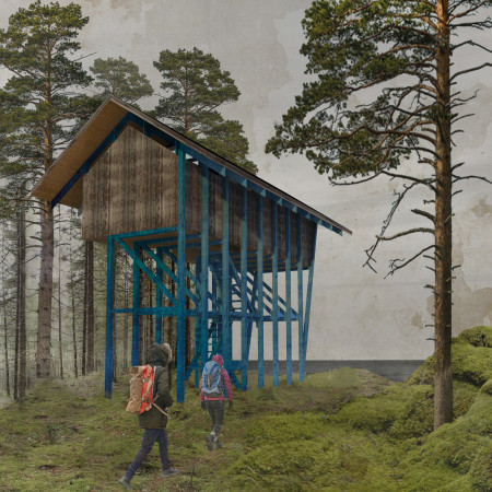 Elevated Cedar Shelter with Asymmetrical Roof Blending into Coastal Wilderness