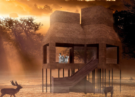 Thatched Roof Observation Platform Elevated Above Wetlands with Cape Cod Wood and Interactive Spaces