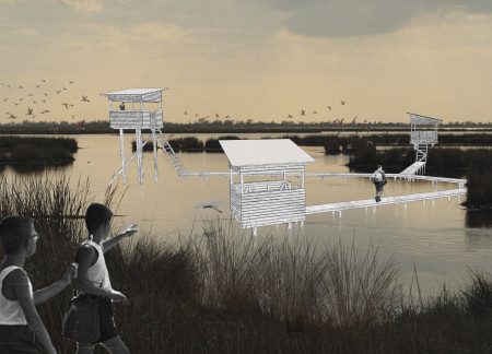 Charred Wooden Shingles and Local Timber Shape Elevated Birdwatching Structures over a Tranquil Lake