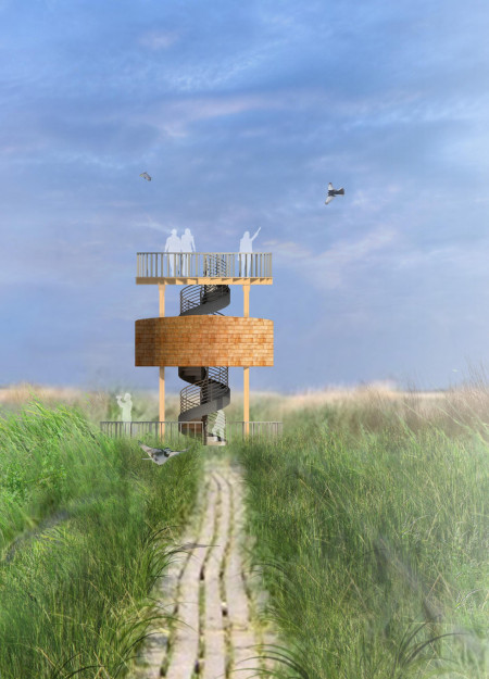 Spiral Observation Tower Constructed with Cedar and Eco-Materials Nestled in a Natural Landscape
