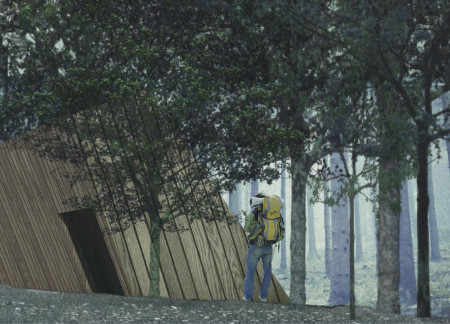 Inclined Structure of Cross-Laminated Timber Panels Emphasizing Natural Light and Scenic Views