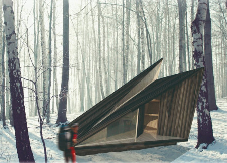 Embracing Natural Harmony with Slanted Birch Shelters for Outdoor Retreats